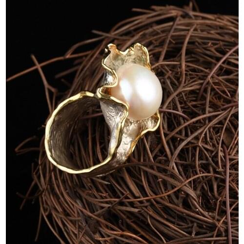 S925 Sterling Silver Inlaid Baroque Pearl Ring Jewelry Vintage Thai Silver Flower Creative Manufacturers Jewelry Open Ended Ring