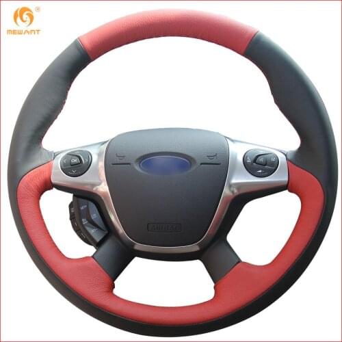 MEWANT Black Red Genuine Leather Car Steering Wheel Cover for Ford Focus 3 2012-2014 KUGA Escape 2013-2016 Interior Accessories