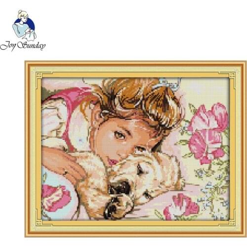 Joy Sunday The Girl and Dag Chinese Cross-Stitching Paintings Handmade Crafts Needlework Embroidery Cross-Stitch Kits Decoration