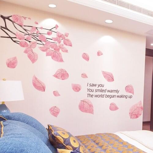 [shijuekongjian] Pink Color Tree Leaves Wall Stickers DIY Quotes Wall Decals for Living Room Kids Bedroom Nursery Decoration