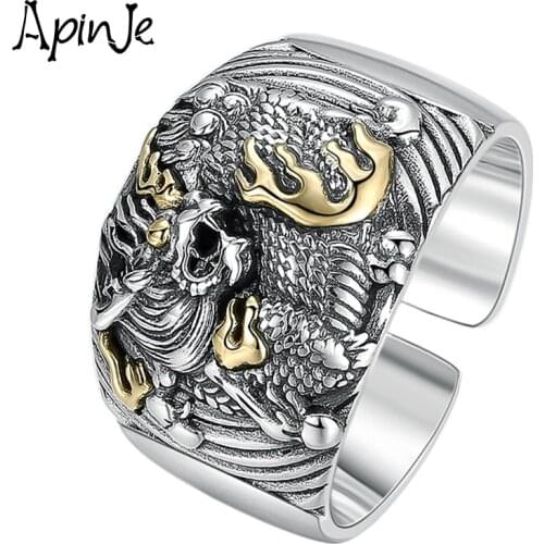 Apinje 925 Sterling Silver Open Ring Men Gothic Punk Ancient Dragon Ring Thai Silver Rings Party Gift Vintage Jewelry