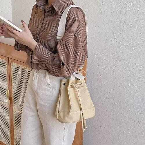 MJ Casual Women Tote Handbag Canvas Bucket Shoulder Bag Versatile Female Drawstring Crossbody Bags Small Shopping Totes Purses