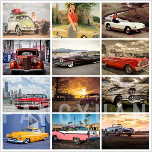 Retro Car 5D Diamond Embroidered Cross Stitch Diy Square/round Diamond Painting Landscape Wall Pictures for Home Decoration