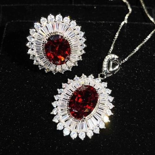 Luxury Flower Pendant Necklace Inlay Oval Red Cubic Zircon S925 Silvery Vintage Jewelry Promise Eternity Wedding Ring For Women