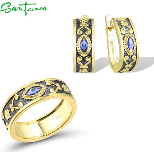 SANTUZZA 925 Sterling Silver Jewelry Set For Women Marquise Eye Shape Blue CZ Yellow Gold Plating Earrings Ring Set Fine Jewelry