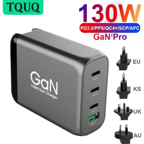 4port 130W GaN USB C Wall Charger, 3-port Type-C PD 100W PPS 45W for Laptops MacBook iPhone Samsung, QC3.0/SCP for Huawei Xiaomi