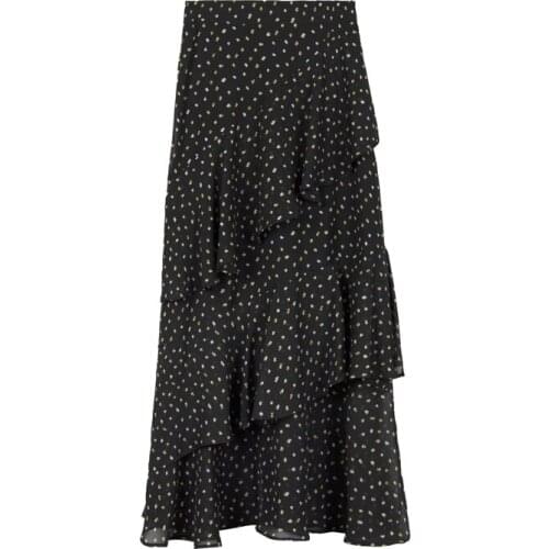 PERHAPS U Chiffon Black White Polka Dot Cascading Ruffle Maxi Long Skirt High Street Empire Vintage Retro S0058