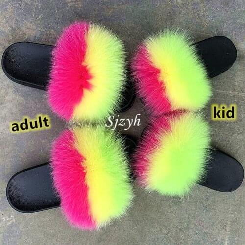 Childrens Summer Real Fox Fur Slides Fashion Luxury Fluffy Fur Slippers Kids Amazing Plush Sandals Home Shoes Girls Flip Flops