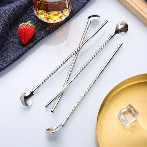Drinking Straw Reusable Flower Shape Stainless Steel Creative Coffee Straw Spoon for Beverage Coffee Scoops Coffeeware