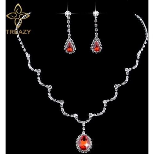TREAZY 4 Colors Wave Waterdrop Crystal Bridal Jewelry Set For Women Necklace Earrings Sets Wedding Party Jewerlry Accessories