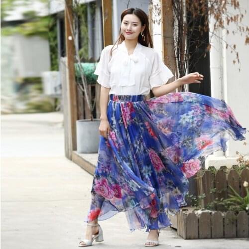 Vibrant Floral Printed Womens Chiffon Bohemian Gypsy Long Flowy Maxi Skirt High Waist causal Beach Holiday Hawaii skirts
