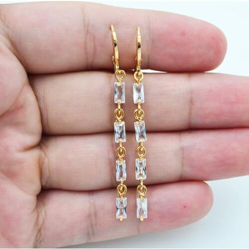 Gold Color Women Fashion Clear White Zirconia CZ Linear Dangle Earrings Jewelry