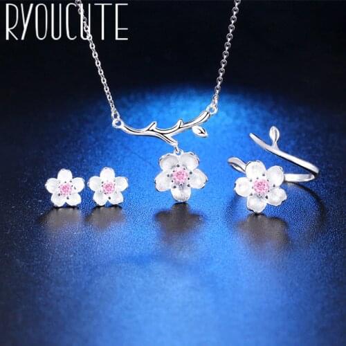 Fashion Wedding Bridal Jewelry Sets Silver Color Cherry Blossoms Flower Necklaces Earring For Women