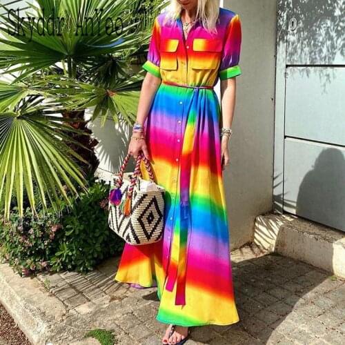 Woman Summer Dress Rainbow Stripes Long Shirt Women Dresses Turn-Down Collar Short Sleeve Fashion Maxi Dress Silm Waist Vestidos
