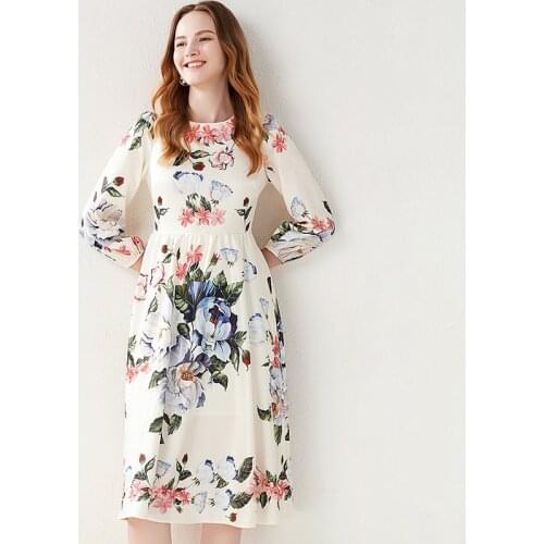 Runway Floral Elegant Dress 2021 Summer Women Wrist Sleeve O-Neck Flower Print Boho Party Beach Party Midi Vestidos k401