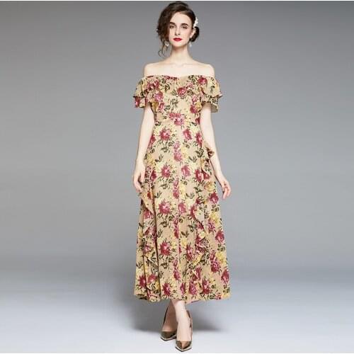 JSXDHK Fashion Runway Summer Bohemian Flower Dress Women Slash Neck Ruffles Chiffon Floral Print Yellow Holiday Beach Long Dress