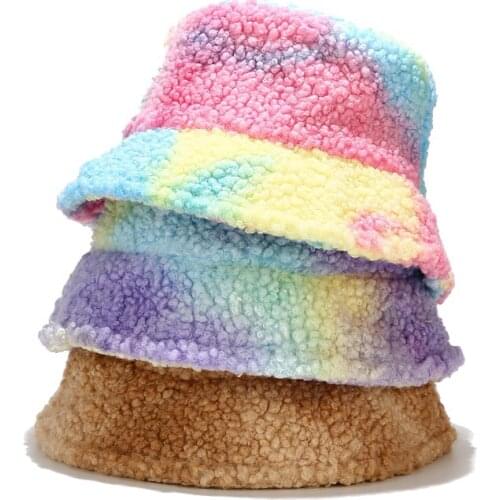 Winter Fishing Hat Fashion Korean Tie Dye Multicolor Bucket Hat Women Men Warm Faux Fur Fishermant Hat bob chapeau