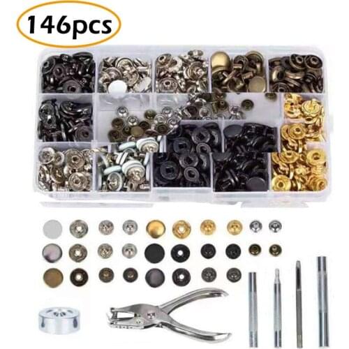 146PCS Clothing Leather DIY Sewing Buttons Supplies 120pcs Metal Snap Button Fasteners + 20pcs Rivet Button + 6pcs Fixing Tool