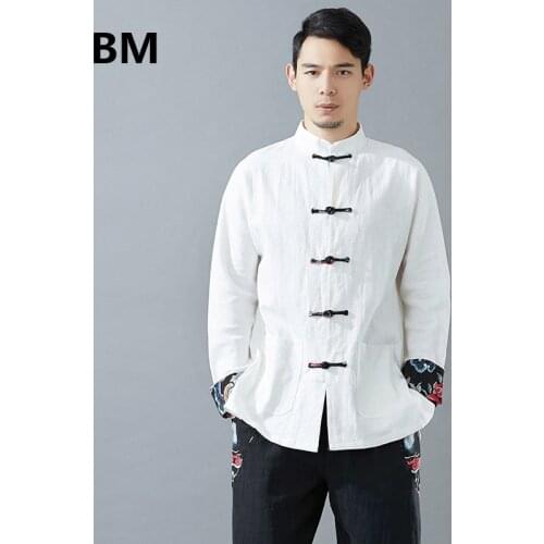 2020 Patchwork Long Sleeve Blouse Men Clothes Flax Tang Suit White Blusas Handmade Chinese Knot Buttons Black Linen Shirts