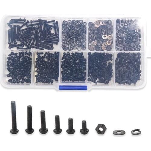 600PCS Black Round M2*4/5/6/8/10/12 Hexagon Screw Bolt Nut Flat Pad Washers Spring Box Kit With Box