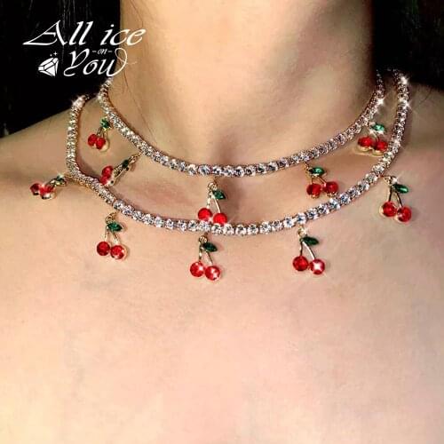 ALLICEONYOU Small Cherry Pendant Tennis Chain Choker Womens Necklace With 3.5inch Tail chain Fashion Charm Jewelry For Gift
