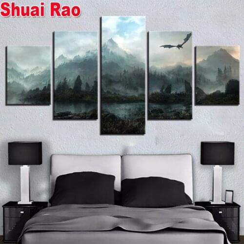 5 Piece Diamond Painting Dragon Mountain Wall Art Mosaic Diamond embroidery Picture for Living Room Decoration home