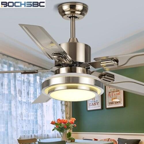 BOCHSBC Stainless Steel Ceiling Fan Light For Dininig Room Living Room Simple Modern Fan Light With LED Bulb And Wood Leaves