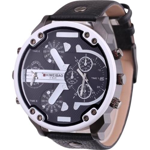 Luxury Brand Quartz Watch Men Big Dial Dual Times Date Mens Watches Black Strap Miltiary Relogio Masculino Classic Clock Man New