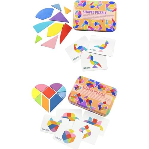Kids Wooden Tangram Puzzle Brain Teaser 9 Blocks and 50 Cards Sorting Develop Montessori Toy for Kids Adults in Storage Box