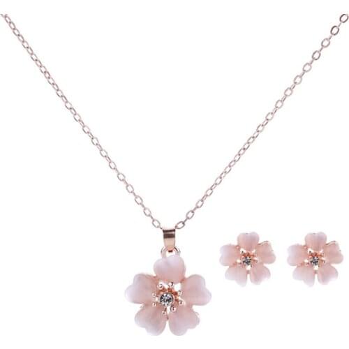 FYJS Unique Rose Gold Color Flower Cat Eye Stone Pendant Necklace Earrings for Women Jewelry Sets