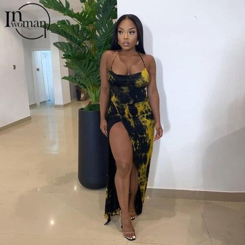 INWOMAN Summer Sleeveless Bodycon Side Slit Dress Women Sexy Clubwear Sheath Dress Ladies Party Print Spaghetti Strap Dress 2021