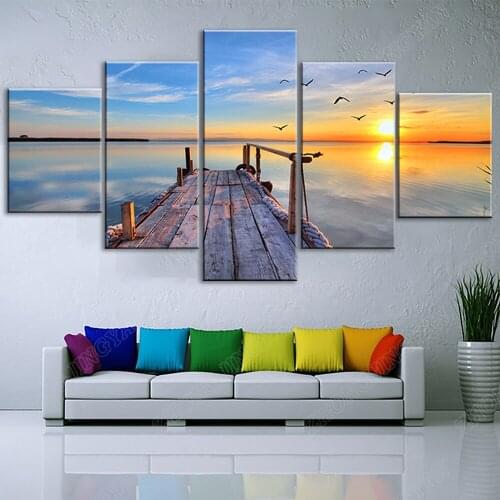 Canvas HD Prints Pictures Living Room Decor 5 Pieces Seagull Sea View Tableau Paintings Bridge Poster Modular Wall Art Framework