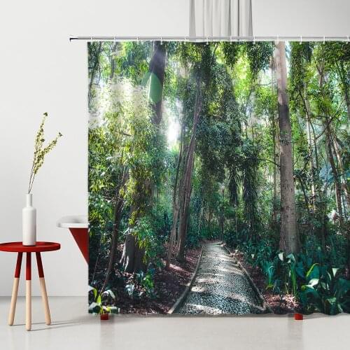 Forest Shower Curtain Tropical Green Plant Small Road Summer Landscape Printed Bathroom Decoration Bathtub Screen Bath Curtains