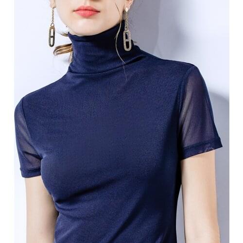 Hot short-sleeved t-shirt female high-necked mesh bottoming shirt womens 2021 summer solid color tight shirt Plus size AL29113