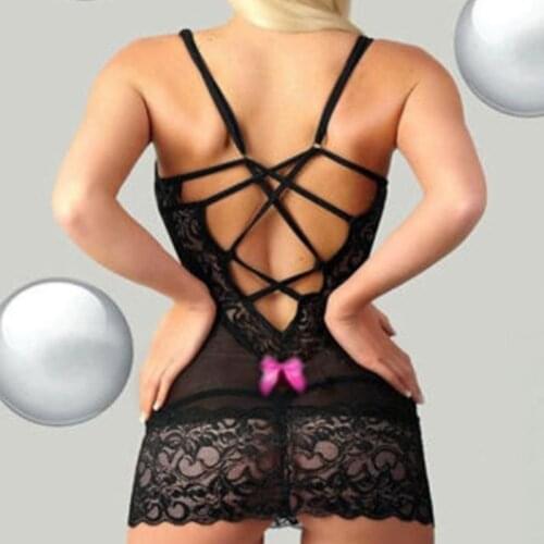 28TF Womens Criss Cross Strappy Lingerie Dress Set Sheer Lace Bowknot Decor Nightgown