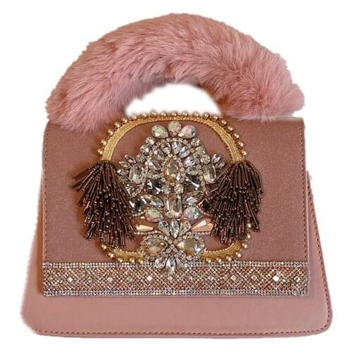 Vintage Suede Rhinestones Handbags Women Winter Fur Mini Bag 2020 Fashion Luxury Crystals Ladies Evening Party Shoulder Bags