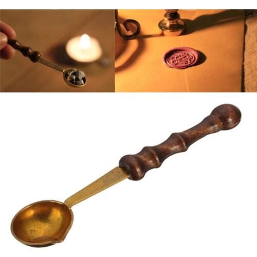 Vintage Seal Sealing Wax Melting Brass Spoon Wood Handle Dissolve Anti-hot For Seal Stamp Envelope Letter Craft