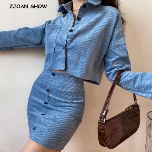 Women CHIC Lapel Collar Center Buttons Crop Corduroy Jacket High Waist Package Hip Mini Skirt Set Long sleeve Suits 2 pieces Set