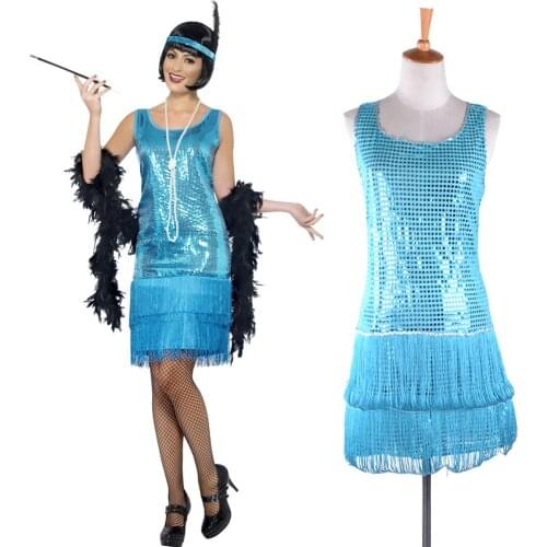 Teal Blue Flirty Flapper Fancy Dress Ladies 1920s Charleston Women Costume Dazzling Turquoise Flapper Women Costume Dancer Wear