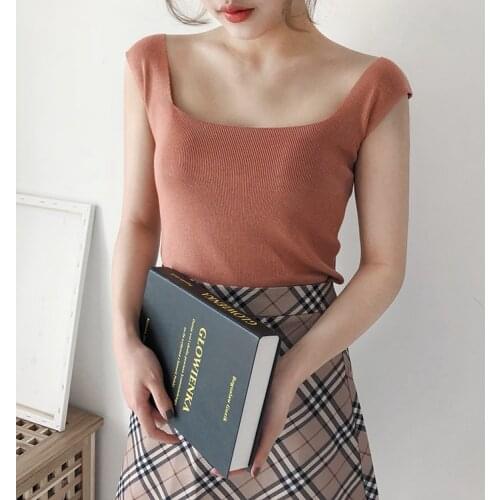 Korean Women Plain Backless Slash Neck Summer Camisoles Casual Solid Knitted Off Shoulder Top