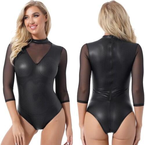 Women Faux Leather Teddies Bodysuit Latex Catsuit Jumpsuits Mesh Long Sleeve Zipper Back Hollow Out Leotard Nightclub Stage Show