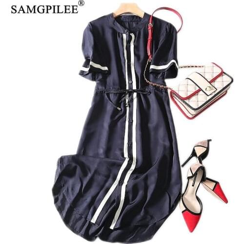 Dresses Ladies Elegant 2021 New Korean Style Casual A-line Striped Short Sleeve Button Empire O-neck womens Summer Long Dress