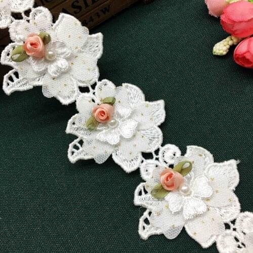 1 yard 3D Lace Pearl Flower Handmade Embroidered Fabric Lace Trim Applique Ribbon Wedding Dress Hat DIY Sewing Craft Decor
