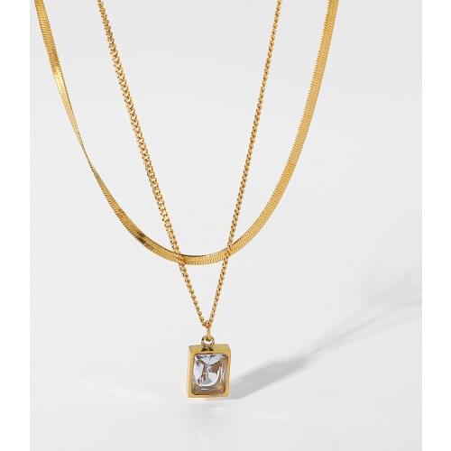 18K Gold Plated Stainless Steel Crystal Glass Pendant Necklace For Women Double Snake Chain Cuban Chain Choker Necklace