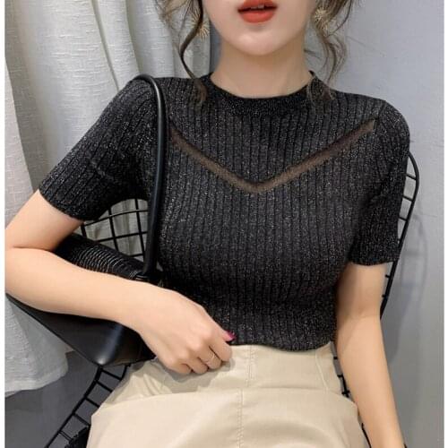2020 Summer Vogue Knitted Sexy top mesh T shirt Women O-neck Short Sleeve Slim Solid Tee Shirt Femme Ladies Pullover Tshirt Tops