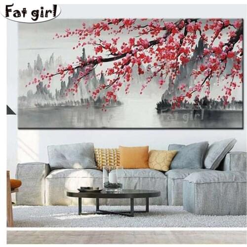 5D diamond painting Ink landscape painting Plum blossom lake diy Full round square Cross stitch mosaic Embroidery living decor