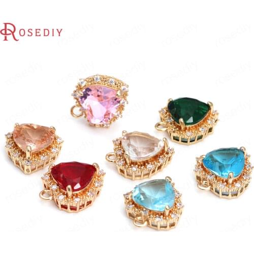 6PCS 14x17MM 24K Champagne Gold Color Brass and Zircon and Glass Heart Charms Pendants Jewelry Making Supplies Diy Accessories