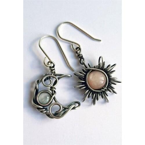 Antiqued Silver Sun and Moon Hook Earrings Bohemia Celestial Moonstone Dangle Drop Earrings Women Boho Fashion Jewelry
