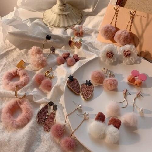 Besimpol Winter 925 Sterling Silver Stud Earrings Elegant Sweet Hairball Pink Earrings For Women Party Fashion Fine Jewelry Gift