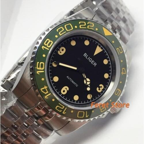 Bliger new 40mm silver case top mens watch sapphire glass green ceramic bezel luminous stainless steel Luminous automatic watch